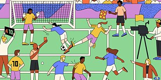 Wimmelbild eines Fussballspiels mit Publikum, Tor und den Spielern