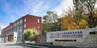 Ein rotes Backsteingebäude von der Seite fotografiert, daneben mehrere Bäume. Vor den Bäumen ist eine Mauer zu sehen, auf der in dunkelblauen Buchstaben der Name der Schule geschrieben steht.